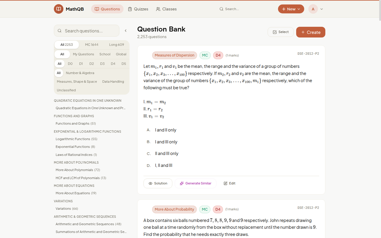 Question Bank — 篩選面板與題目列表